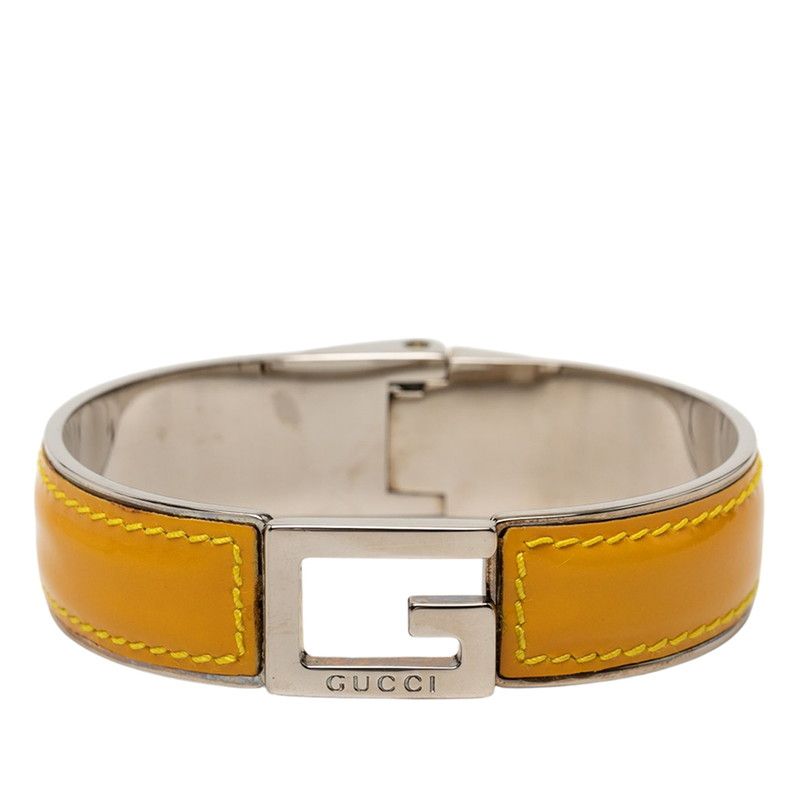 Gucci Logo Bangle Silver and Yellow Patent Leather and Metal Bracelet