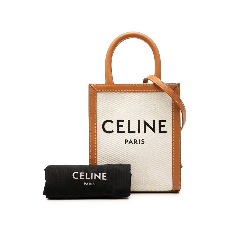 Celine Vertical Cabas 2-Way Shoulder Bag White Brown Canvas Leather — view 7