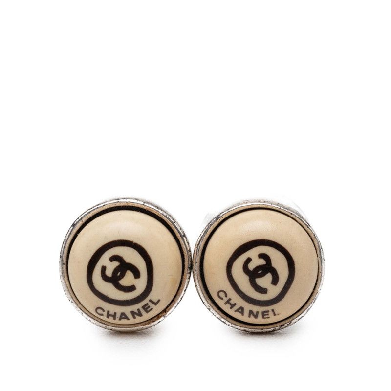 Chanel CC Logo Round Earrings Silver Beige Metal