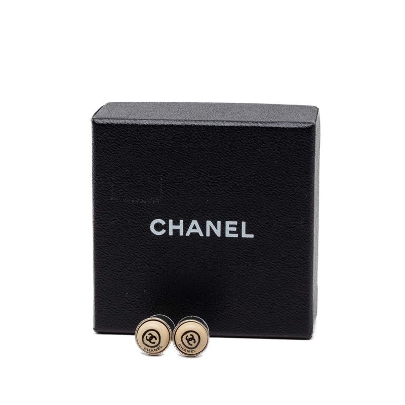 Chanel CC Logo Round Earrings Silver Beige Metal — view 4