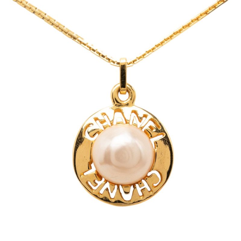 Chanel Logo Round Pendant Gold Plated Faux Pearl