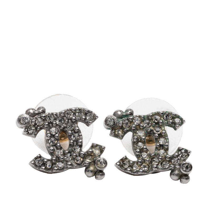 Chanel CC Logo Stud Earrings 09 Silver Metal Rhinestone