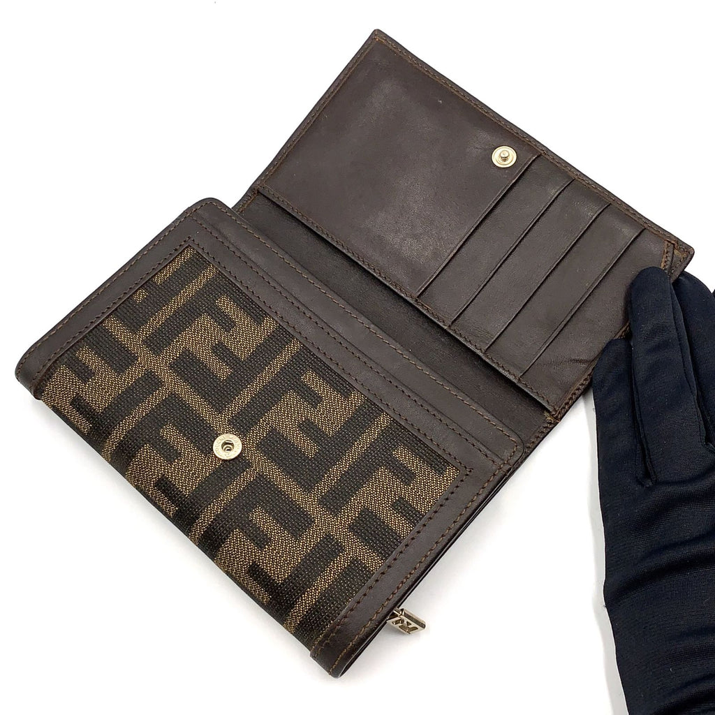 Fendi Zucca Pattern Leather Canvas Khaki Brown Bifold Wallet Silver — view 3