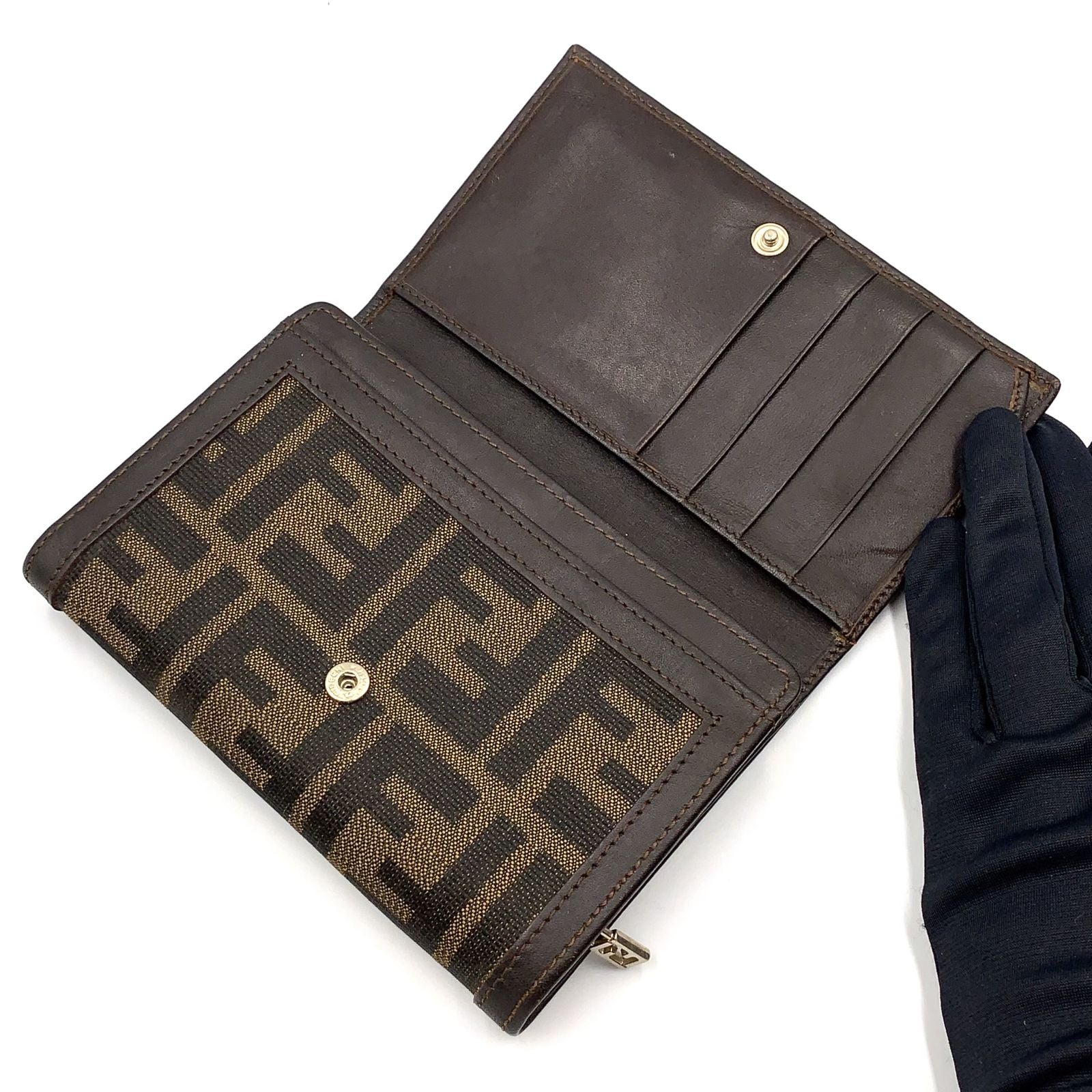 Fendi Zucca Pattern Leather Canvas Khaki Brown Bifold Wallet Silver — view 3