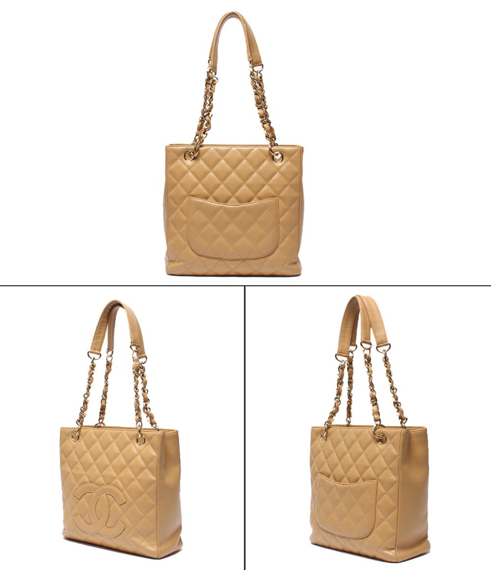 Chanel Chain Tote Petite Shopping PST Shoulder Bag Quilted Caviar Leather Gold — view 2