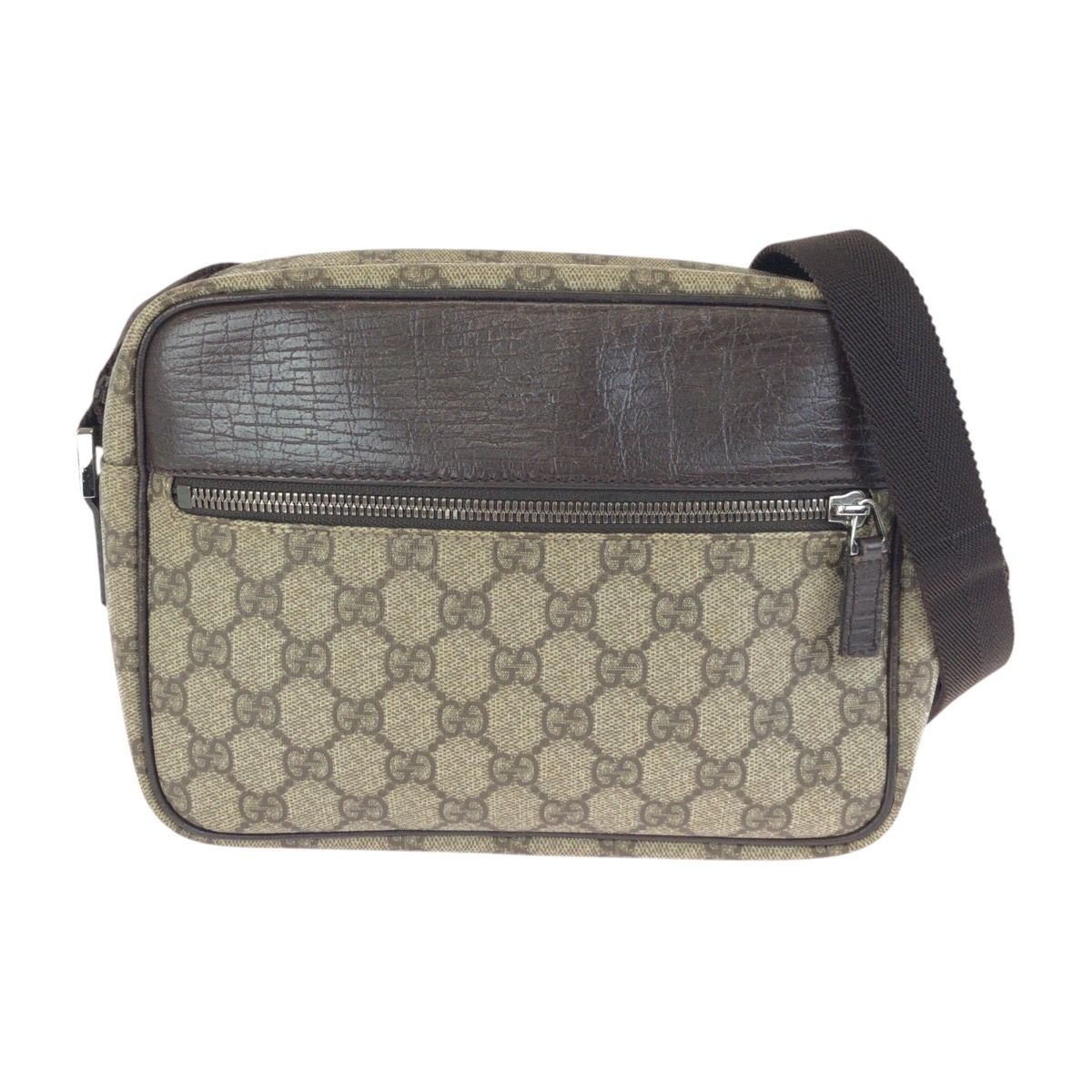 Gucci Gray Brown Silver GG Supreme Canvas Leather Shoulder Bag Pochette