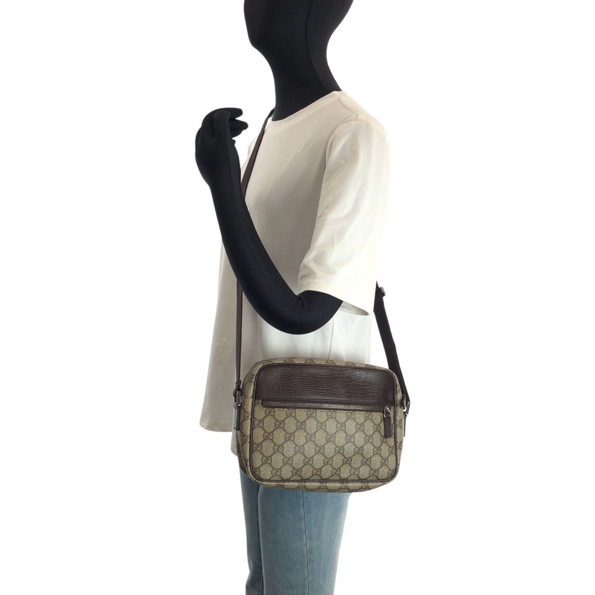 Gucci Gray Brown Silver GG Supreme Canvas Leather Shoulder Bag Pochette — view 7