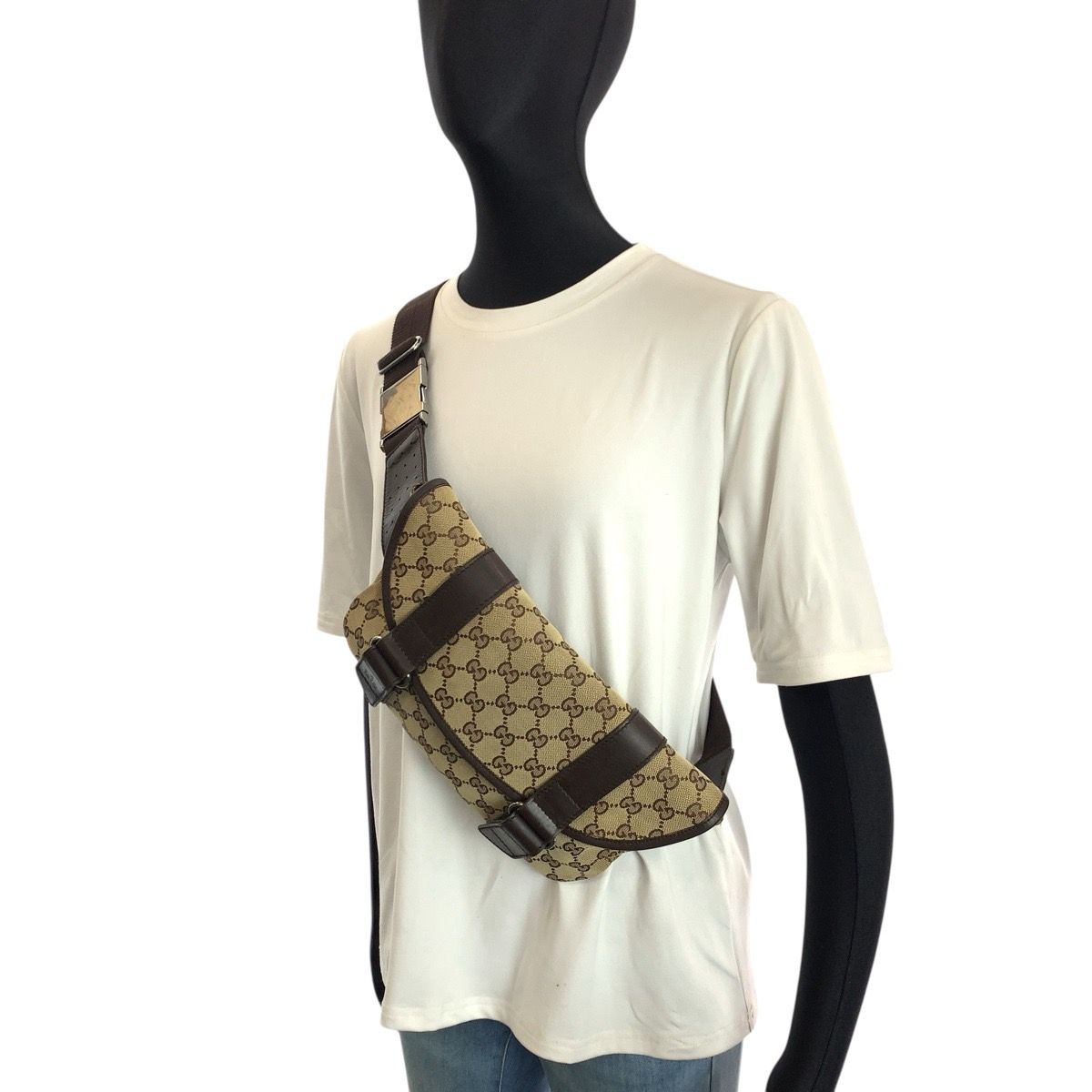 Gucci Beige Brown Silver GG Canvas Leather Belt — view 7