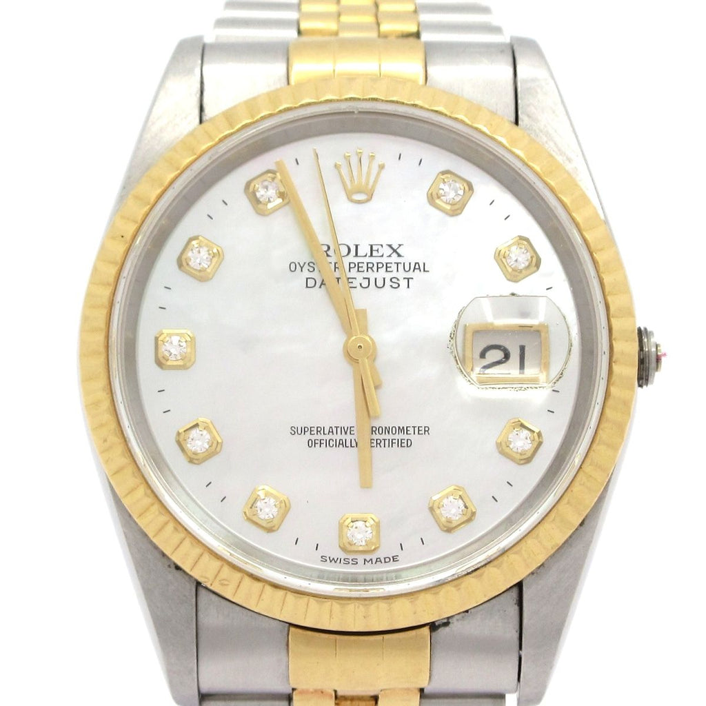 Rolex Watch Datejust SS 18k Yellow Gold Shell Dial Diamond 17 Frames White