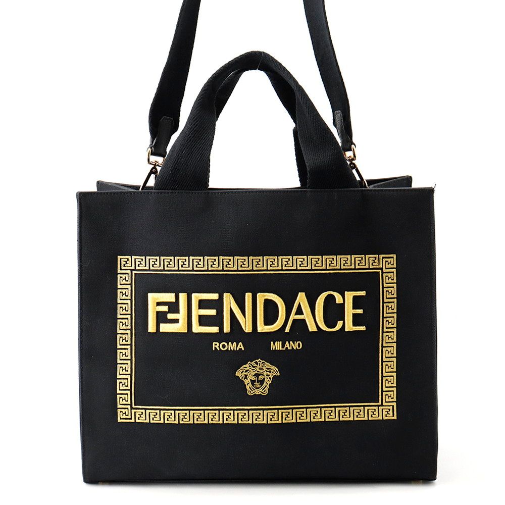 Fendi Tote Collaboration Fender Che Embroidered Canvas 2-Way Black