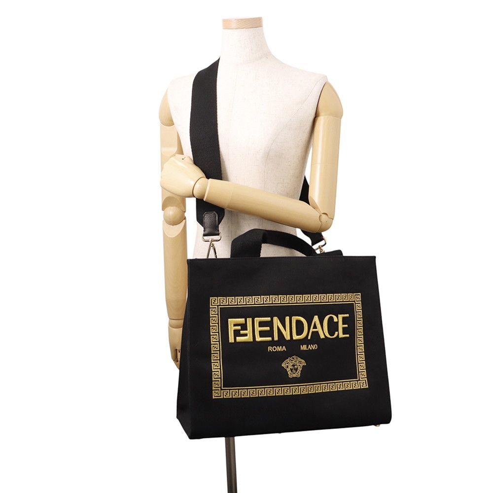 Fendi Tote Collaboration Fender Che Embroidered Canvas 2-Way Black — view 5
