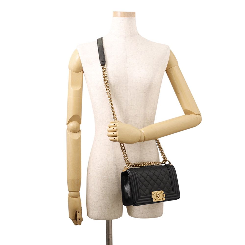 Chanel Chain Shoulder Bag Boy Small Quilted CC Logo Caviar Leather Black — view 5