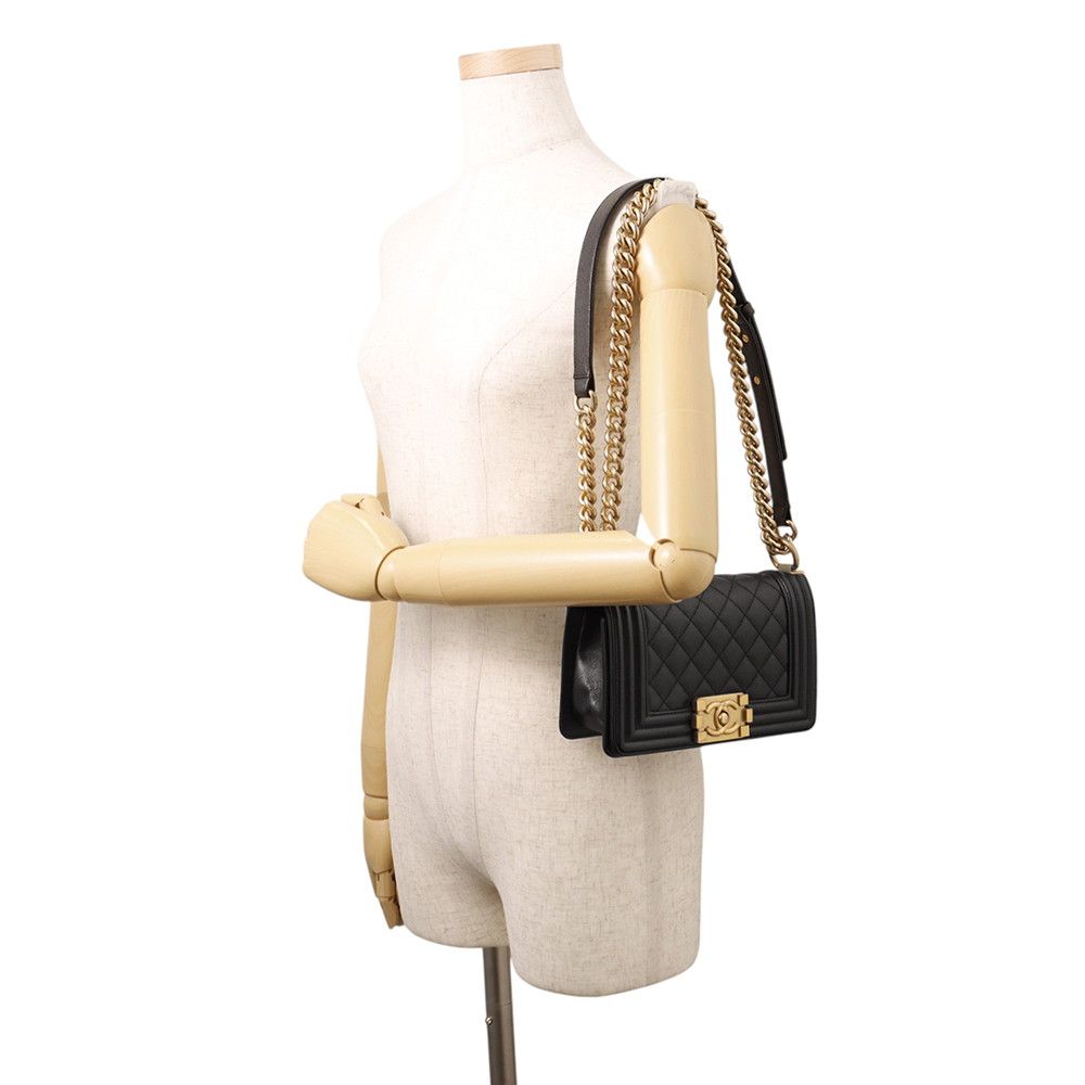 Chanel Chain Shoulder Bag Boy Small Quilted CC Logo Caviar Leather Black — view 4