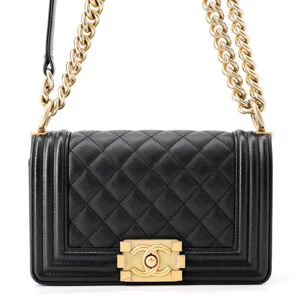 Chanel Chain Shoulder Bag Boy Small Quilted CC Logo Caviar Leather Black