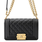 Chanel Chain Shoulder Bag Boy Small Quilted CC Logo Caviar Leather Black