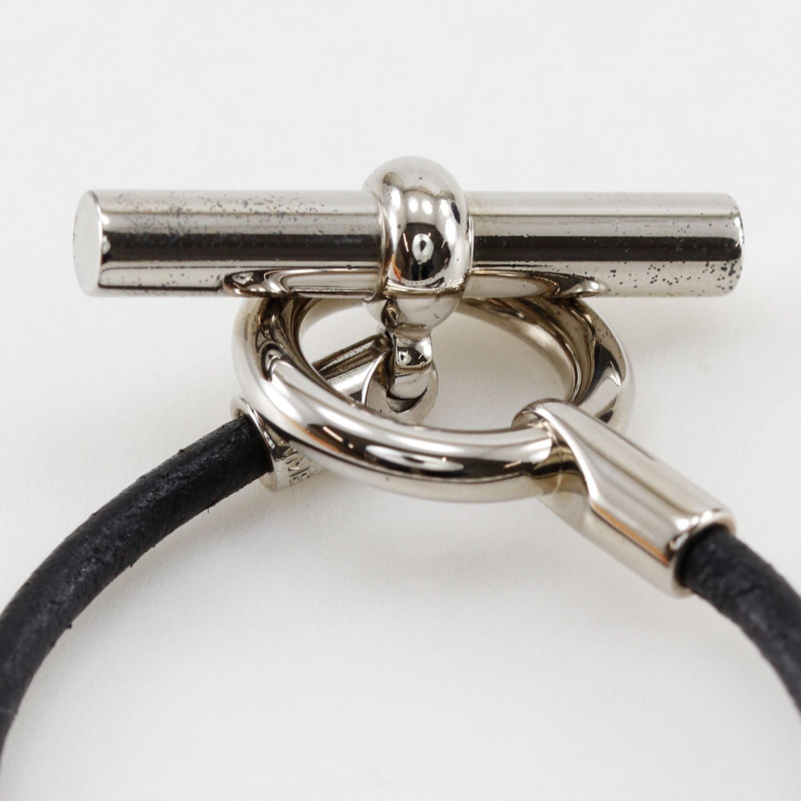 Hermes Grenin Leather Metal Black Silver Bracelet — view 8