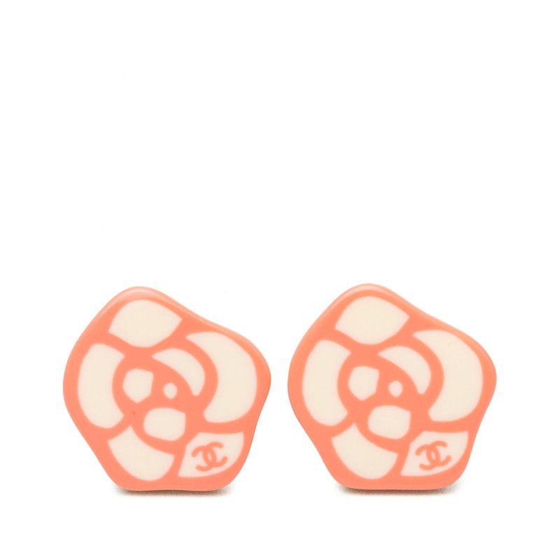 Chanel CC Logo Camellia Earrings 03 Ivory Pink Plastic Plated