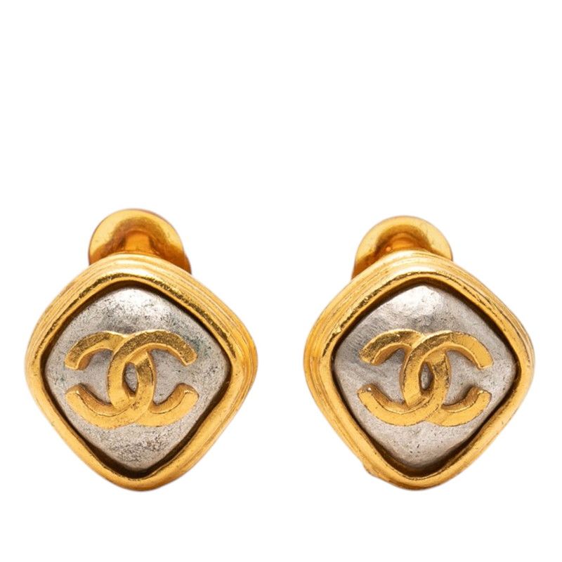 Chanel CC Logo Vintage Square Earrings 97 Gold Plated Silver