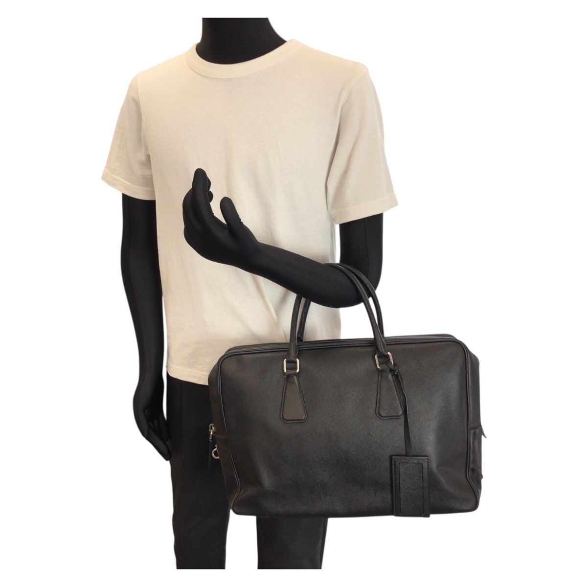 Prada Saffiano Black Silver Leather Business Briefcase — view 7