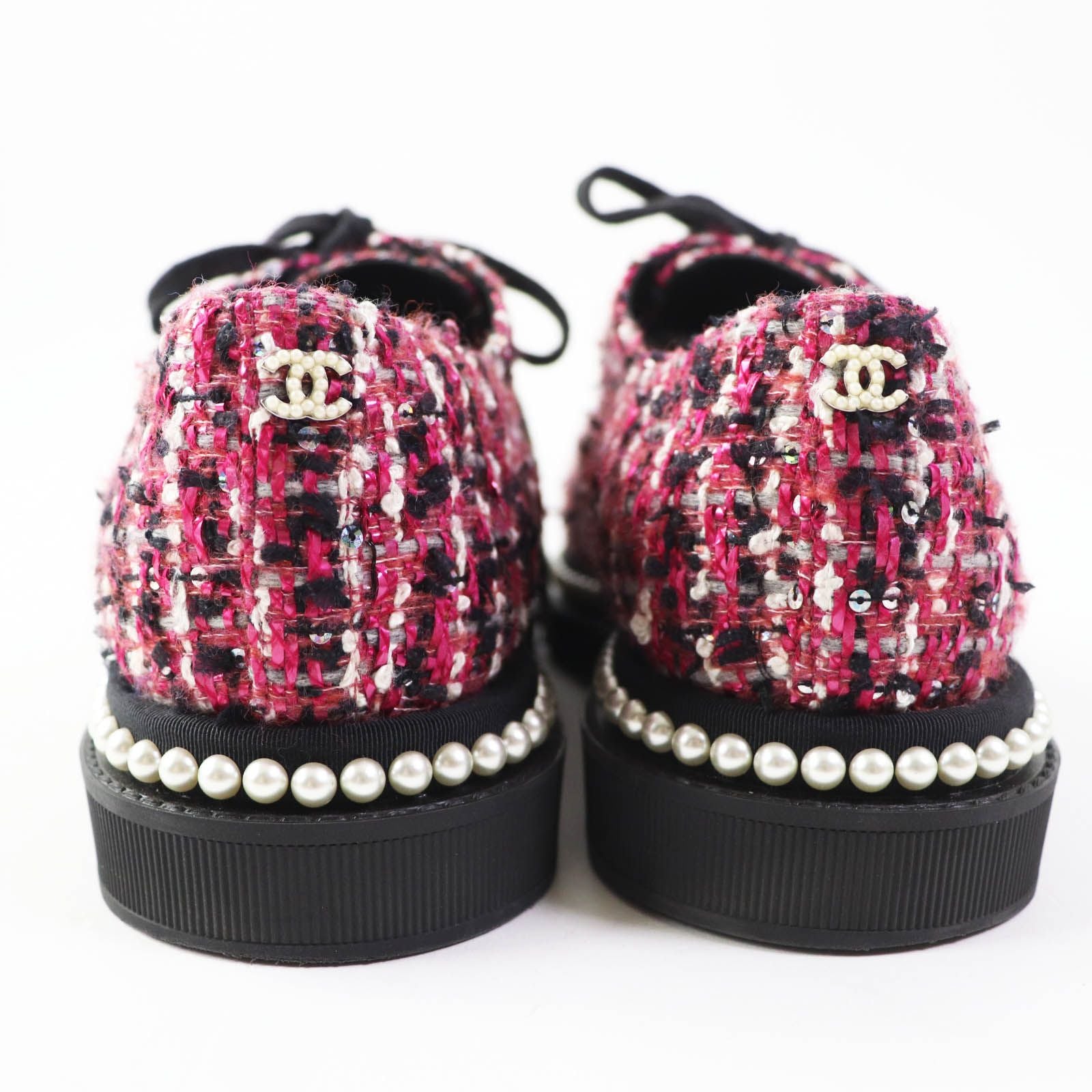 Chanel Tweed Low Cut Sneakers with Sequins and Pearl Pink Black — view 3