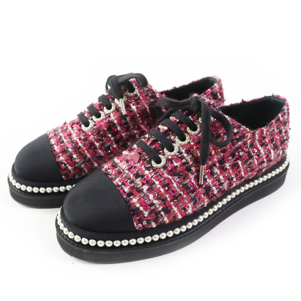 Chanel Tweed Low Cut Sneakers with Sequins and Pearl Pink Black