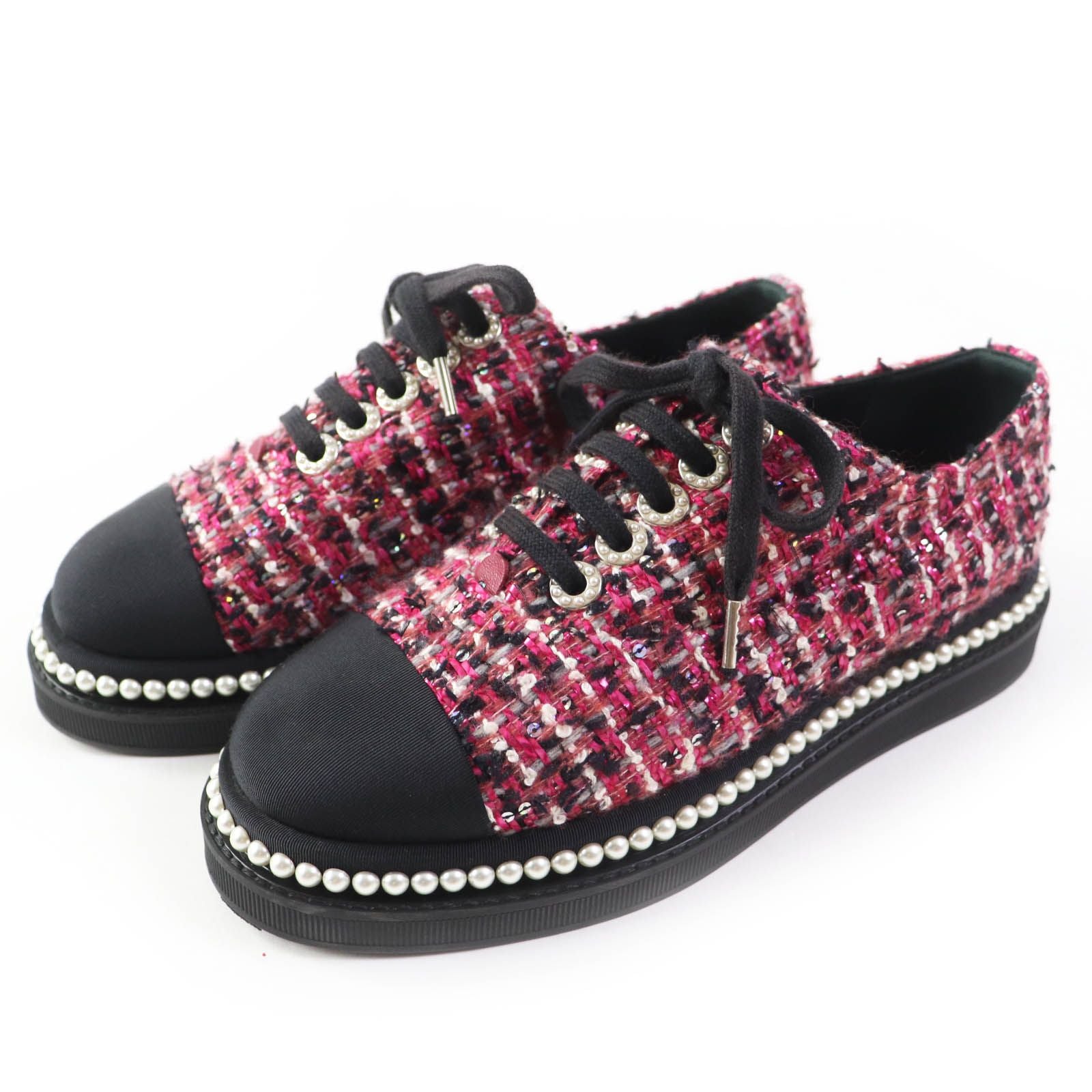 Chanel Tweed Low Cut Sneakers with Sequins and Pearl Pink Black