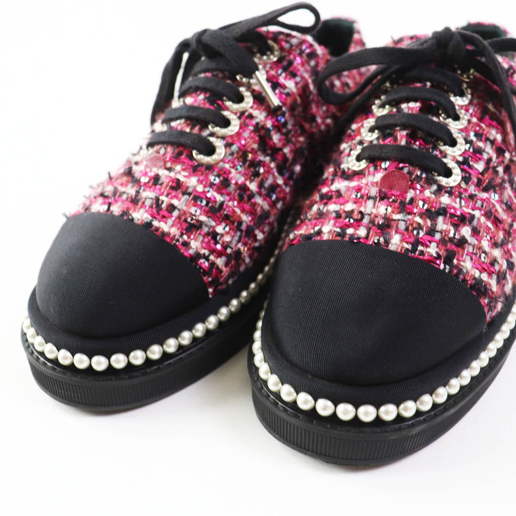 Chanel Tweed Low Cut Sneakers with Sequins and Pearl Pink Black — view 6