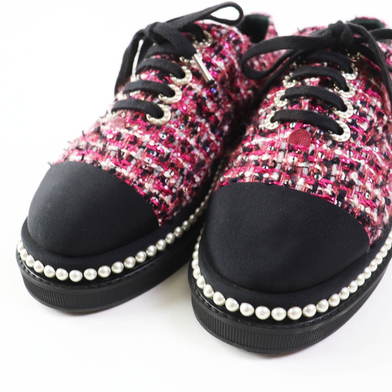 Chanel Tweed Low Cut Sneakers with Sequins and Pearl Pink Black — view 6