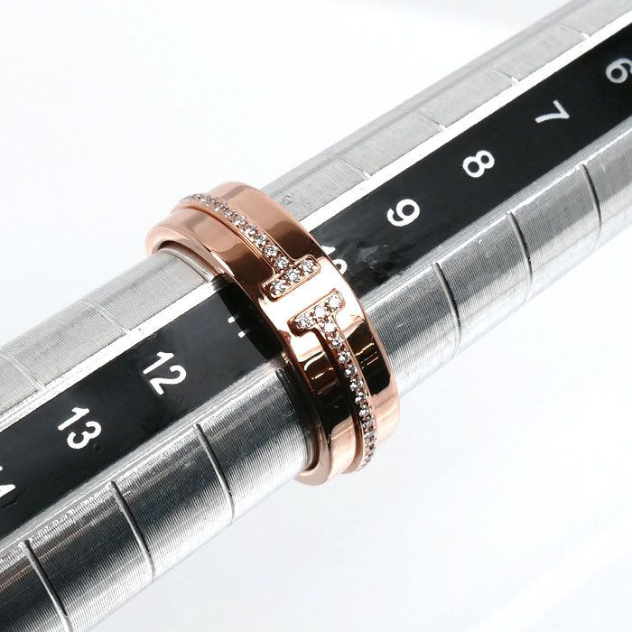 Tiffany & Co 18k Pink Gold T Two Narrow Wide Ring Diamond — view 6