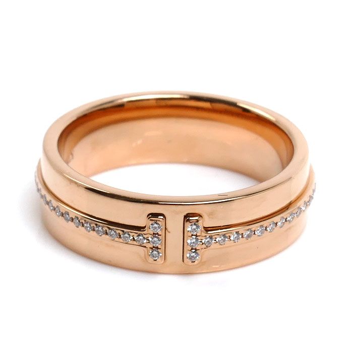 Tiffany & Co 18k Pink Gold T Two Narrow Wide Ring Diamond — view 3