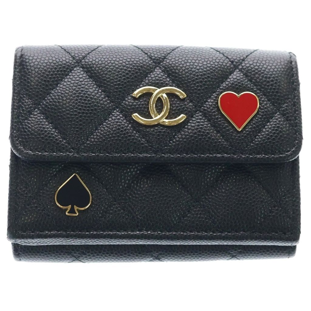 Chanel Quilted Heart Spade Compact Wallet Trifold Coin Case Black Caviar
