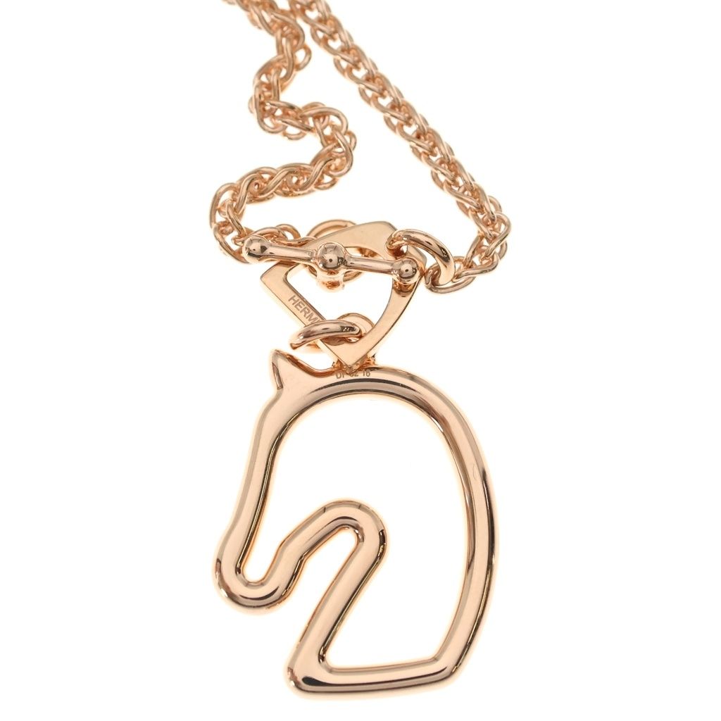 Hermes Tonnerre PM Cheval Brown Glace Chain Necklace Pink Gold — view 4