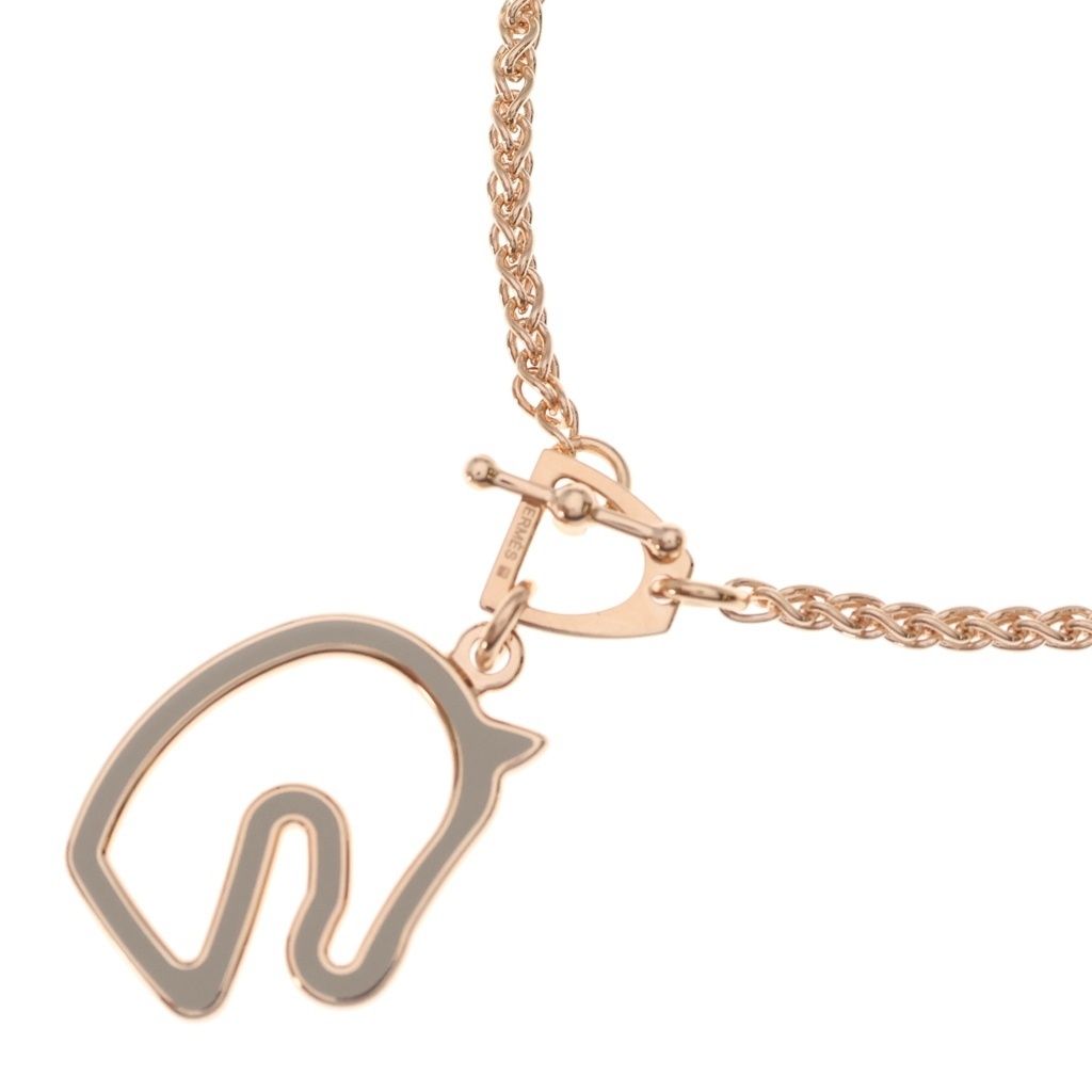 Hermes Tonnerre PM Cheval Brown Glace Chain Necklace Pink Gold