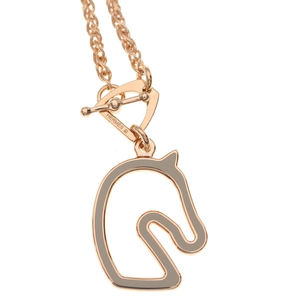 Hermes Tonnerre PM Cheval Brown Glace Chain Necklace Pink Gold — view 3