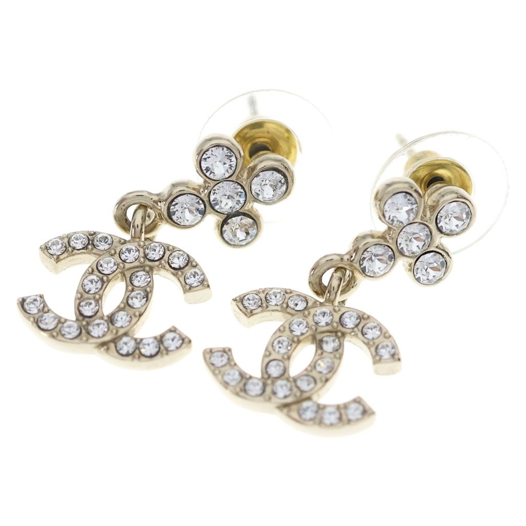 Chanel CC Logo Rhinestone Earrings Silver Metal