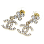 Chanel CC Logo Rhinestone Earrings Silver Metal