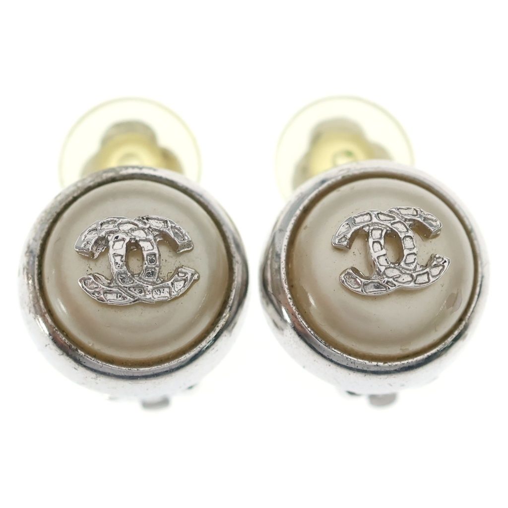 Chanel CC Logo Faux Pearl Earrings Silver