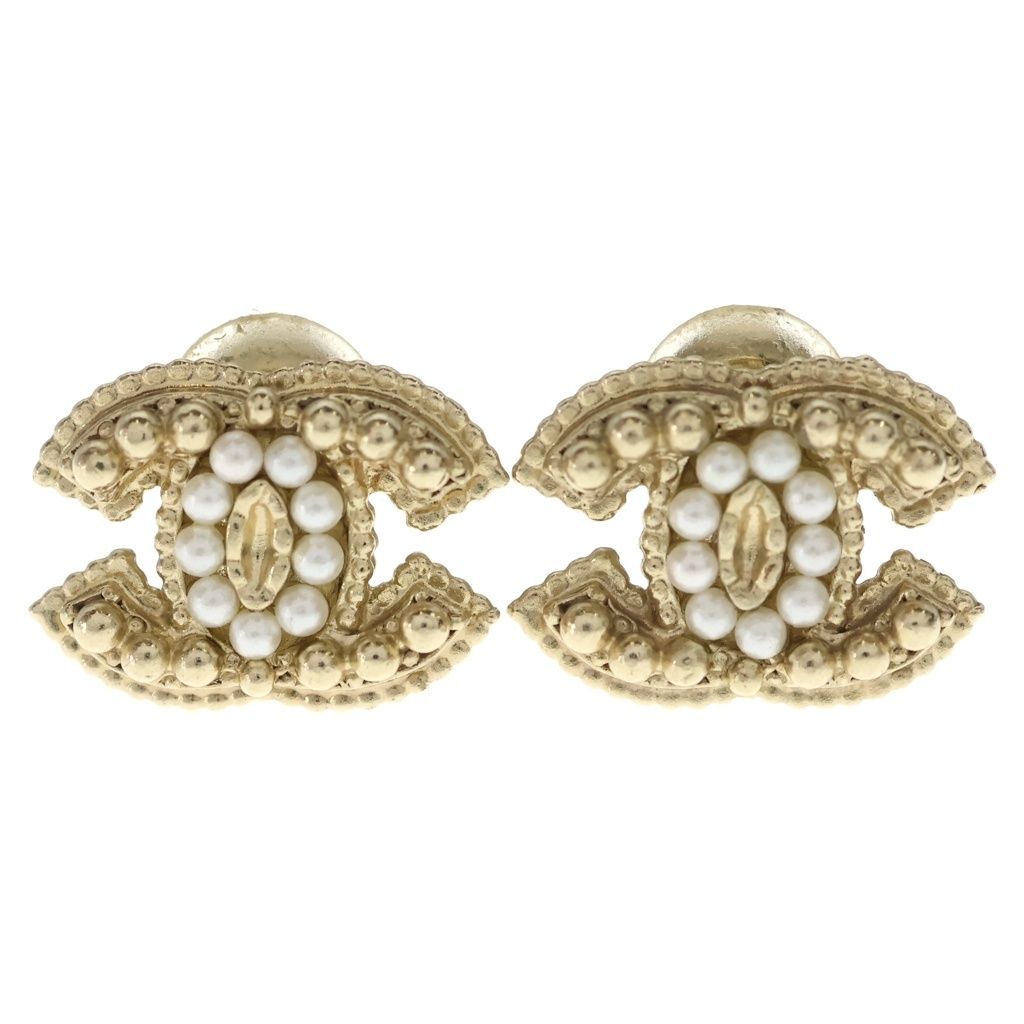 Chanel CC Logo Faux Pearl Gold Earrings