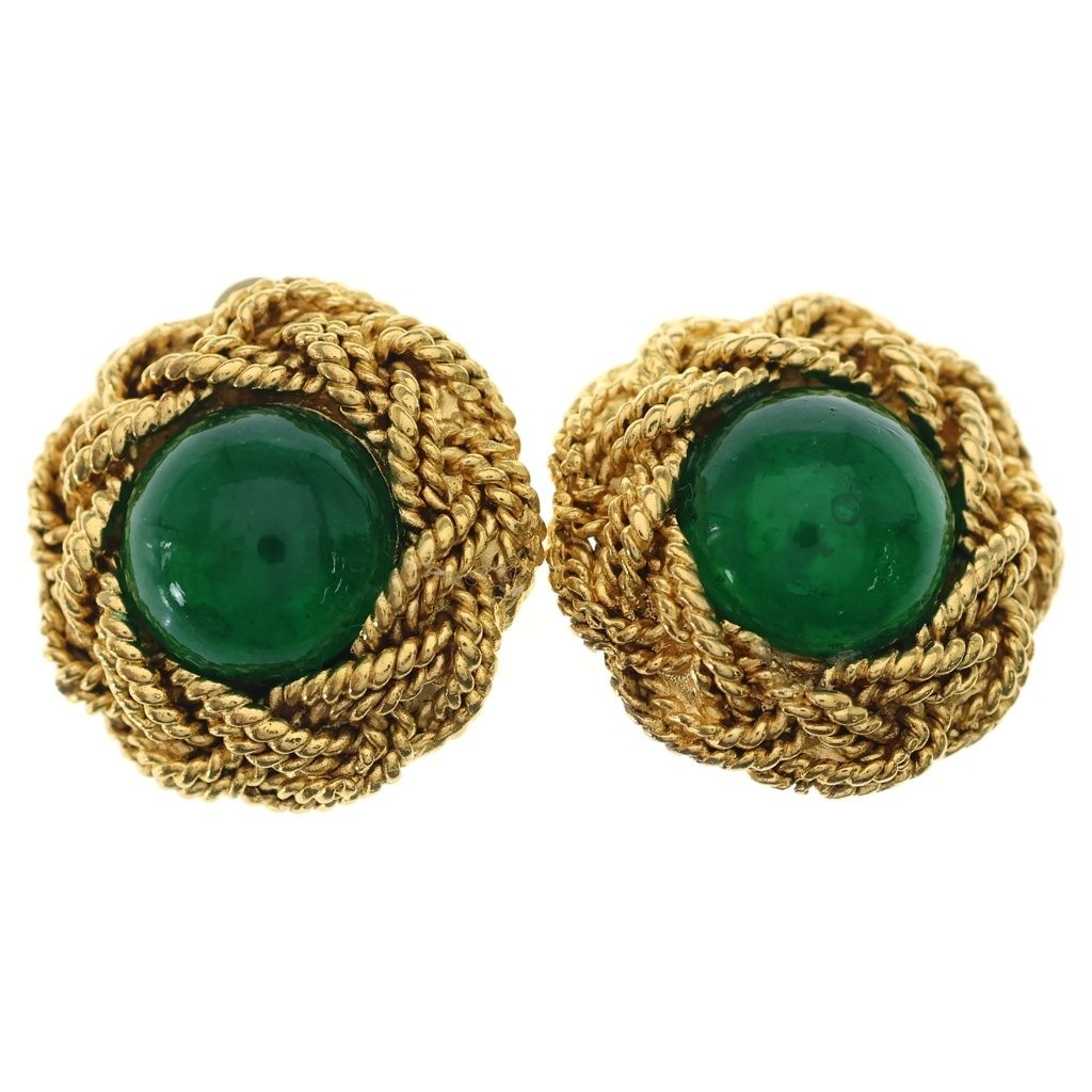 Chanel Green Stone Earrings Gold