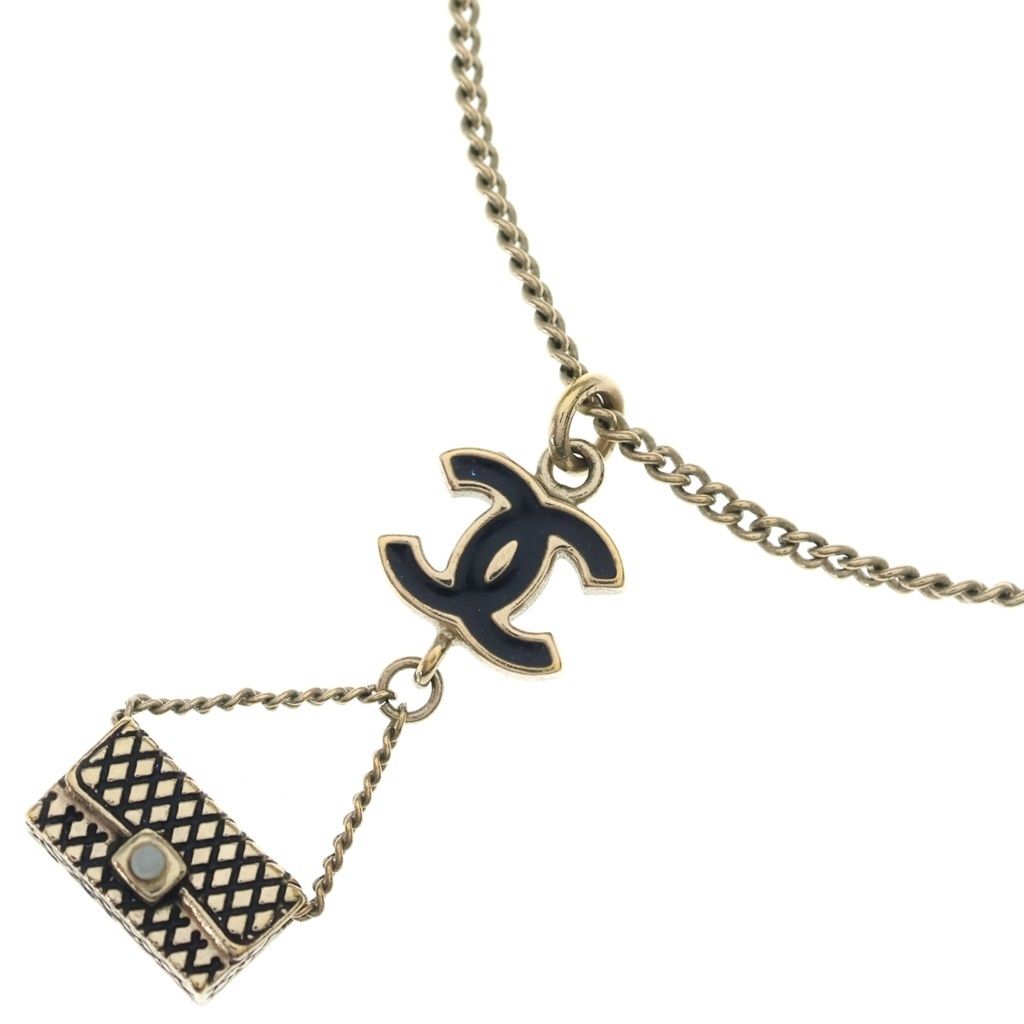 Chanel CC Logo Quilted Motif Necklace Black Gold