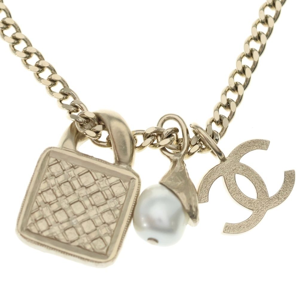 Chanel CC Logo Rhinestone Faux Pearl Long Chain Necklace Gold — view 6