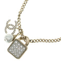 Chanel CC Logo Rhinestone Faux Pearl Long Chain Necklace Gold