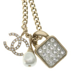 Chanel CC Logo Rhinestone Faux Pearl Long Chain Necklace Gold — view 3