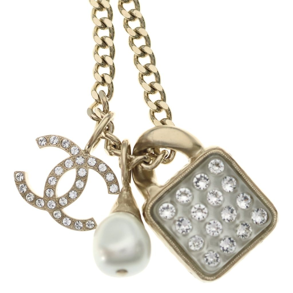 Chanel CC Logo Rhinestone Faux Pearl Long Chain Necklace Gold — view 3