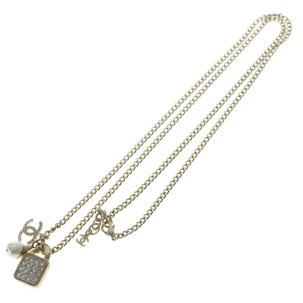 Chanel CC Logo Rhinestone Faux Pearl Long Chain Necklace Gold — view 2