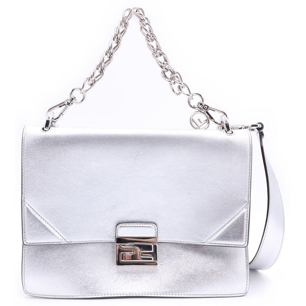 Fendi Canyu Leather 2-Way Chain Shoulder Bag Silver