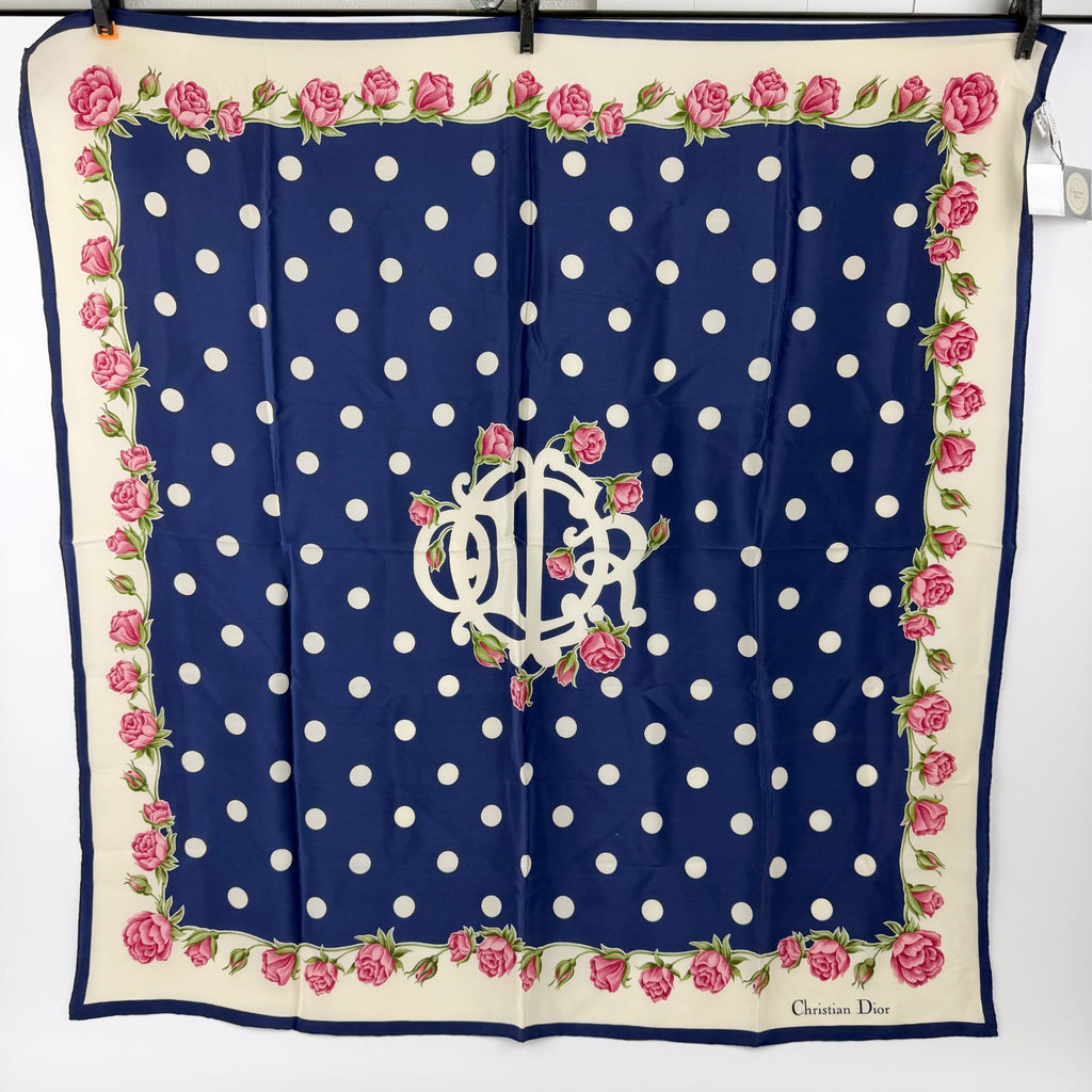 Dior Trotter Style Logo Dot and Rose Print Silk Scarf Navy Vintage