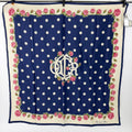 Dior Trotter Style Logo Dot and Rose Print Silk Scarf Navy Vintage