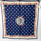 Dior Trotter Style Logo Dot and Rose Print Silk Scarf Navy Vintage