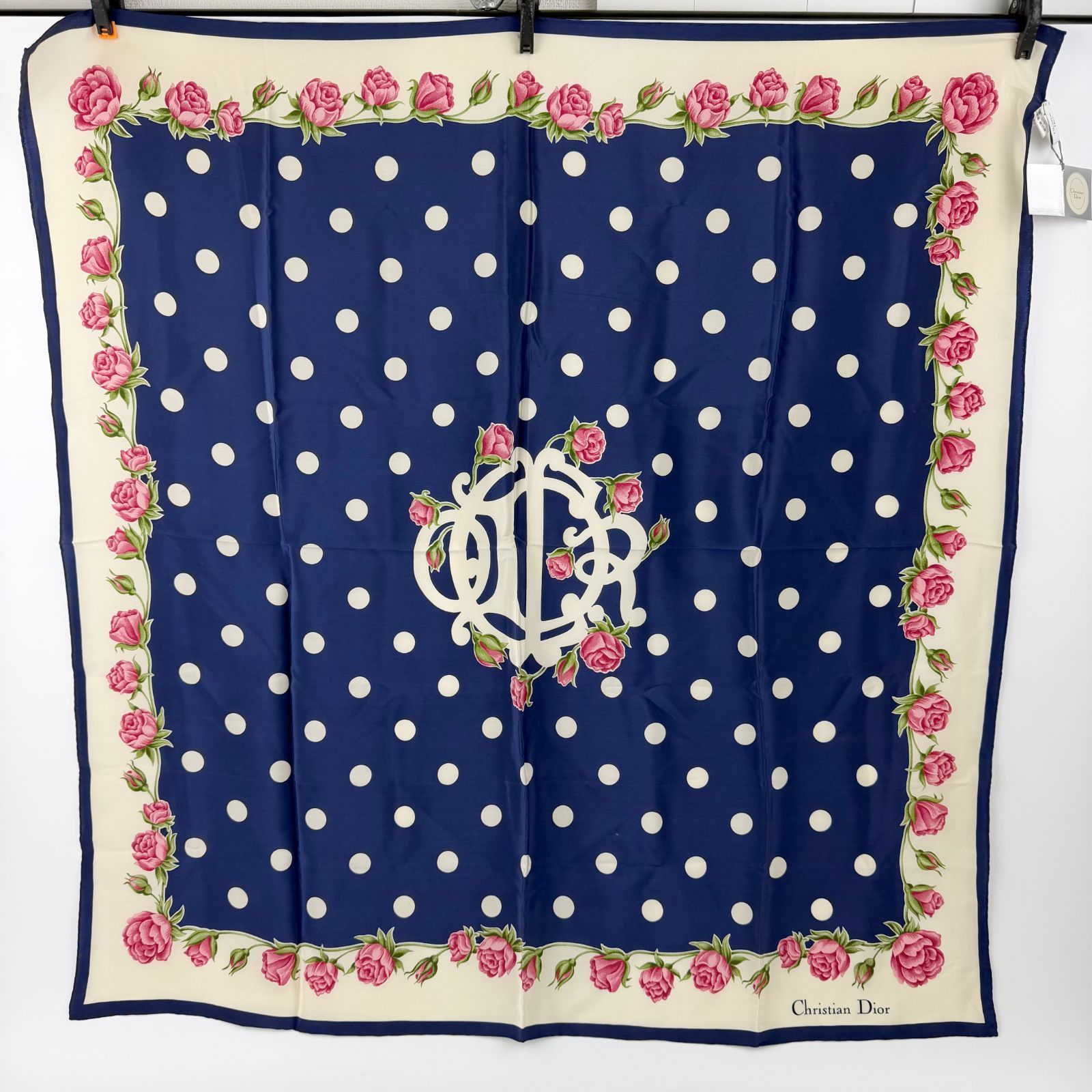 Dior Trotter Style Logo Dot and Rose Print Silk Scarf Navy Vintage
